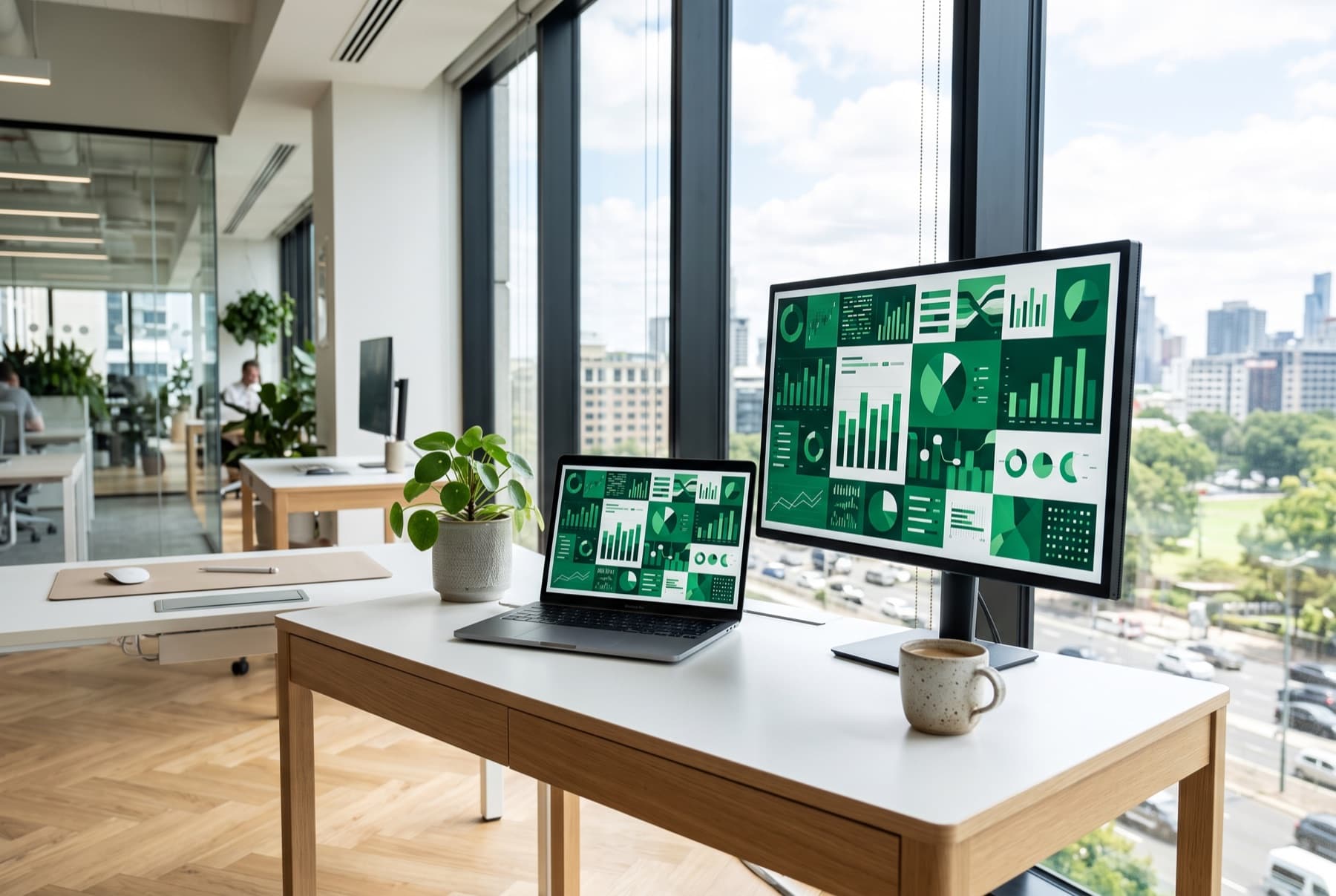 A bright studio workspace with emerald business dashboards on two screens