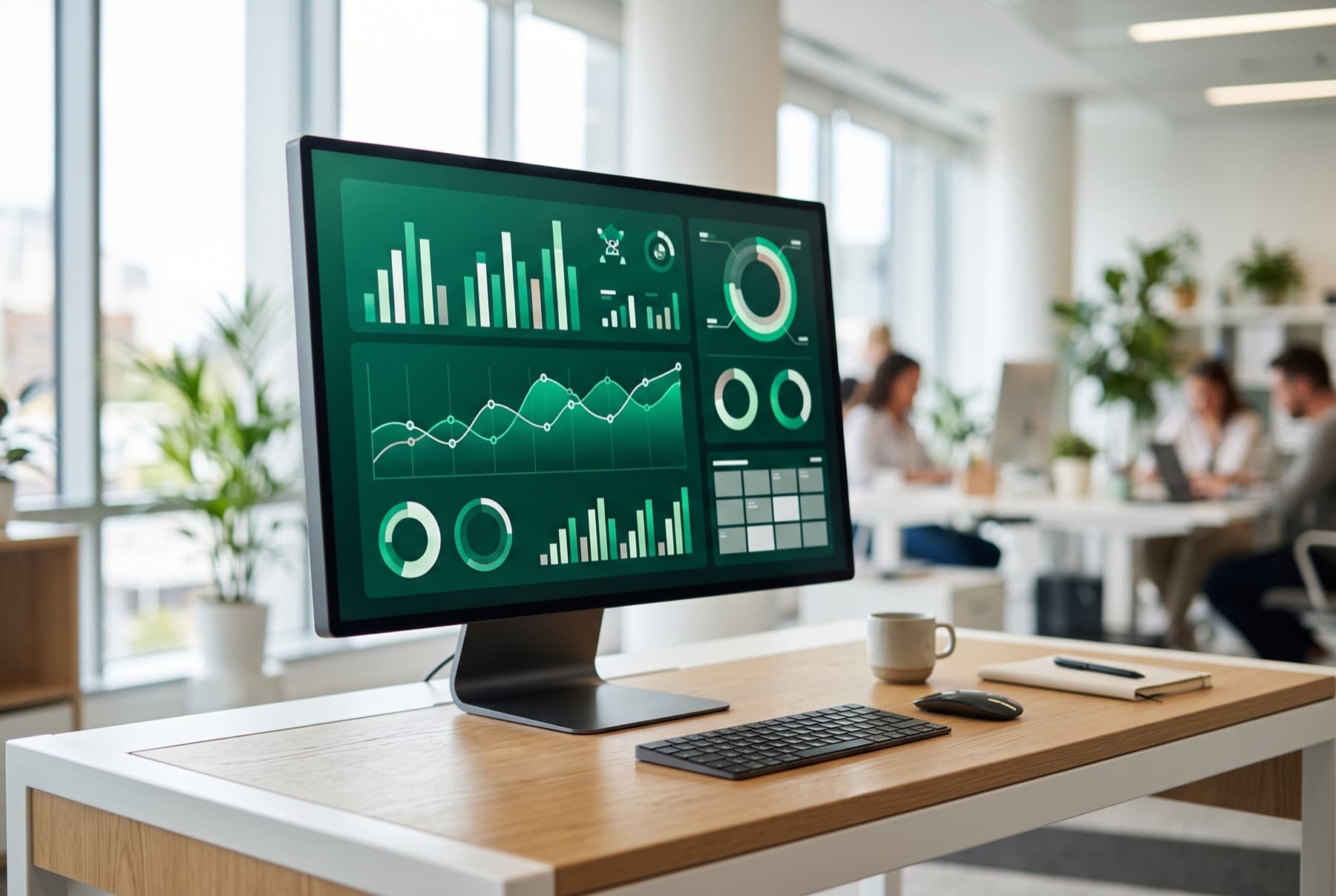 An emerald analytics dashboard on a monitor in a bright office