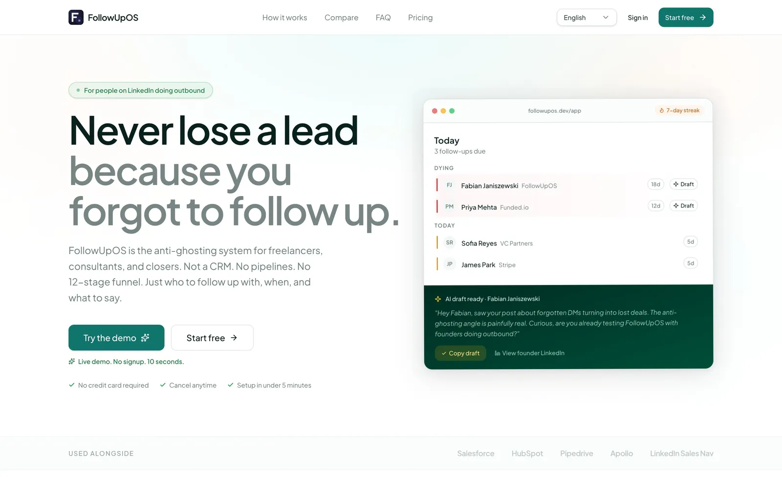 FollowUpOS, the live product homepage