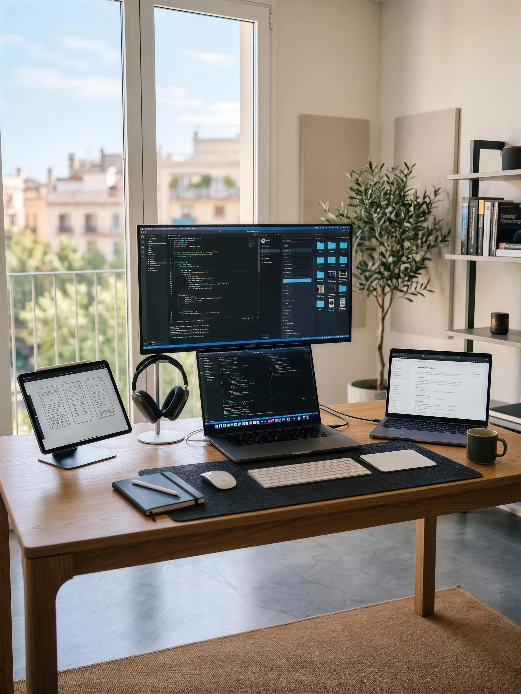 The same panel open on a tablet and on a laptop on the studio desk